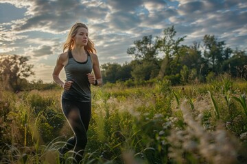 A woman is jogging through a field as the sun sets in the background