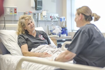 A woman lying in a hospital bed engaging in conversation with another woman, highlighting compassionate patient care and support