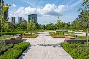 A walkway in an urban park lined with benches and trees - obrazy, fototapety, plakaty