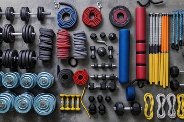 Dumbbells, kettlebells, resistance bands, and yoga mats neatly arranged on a table in a gym setting