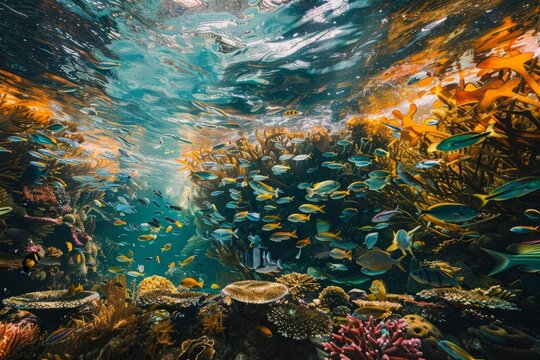 School of fish swimming above vibrant coral reef in the ocean