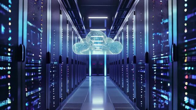 A computer server room with a large cloud in the middle. The room is filled with rows of servers and the cloud is glowing. Scene is futuristic and technological