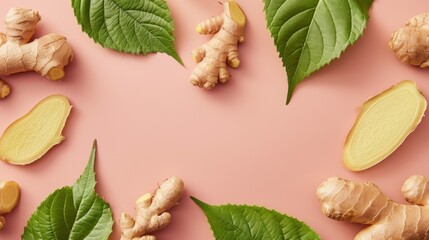 photo of ginger, slippery elm leaf and licorice root flat lay background with copy space in center, rose gold a bit light brown background, vibrant color scheme, wide angle shot from above, minimal st - obrazy, fototapety, plakaty