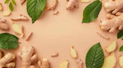 photo of ginger, slippery elm leaf and licorice root flat lay background with copy space in center,...