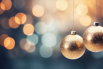 Two golden christmas ornaments hanging from a string