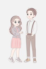 Korean teenage couple full length standing. Asian boy, girl character.