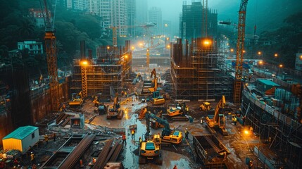 Night view of city construction site with towers lit by city lights - obrazy, fototapety, plakaty