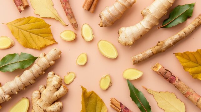 photo of ginger, slippery elm leaf and licorice root flat lay background with copy space in center, rose gold a bit light brown background, vibrant color scheme, wide angle shot from above, minimal st