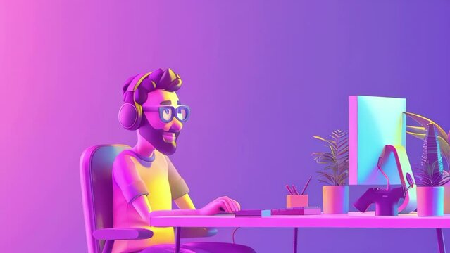 3D cartoon of a man is sitting at a desk with a computer monitor and a keyboard. He is wearing headphones and a yellow shirt. Concept of focus and concentration as the man works on his computer