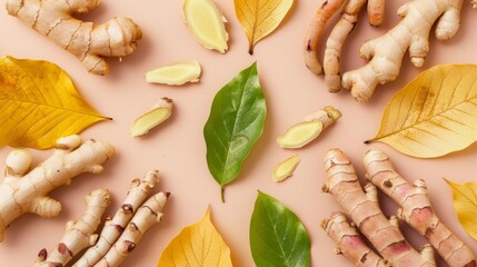 photo of ginger, slippery elm leaf and licorice root flat lay background with copy space in center, rose gold a bit light brown background, vibrant color scheme, wide angle shot from above, minimal st - obrazy, fototapety, plakaty