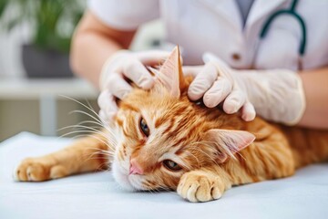 Veterinarian vaccinating orange tabby cat in modern veterinary clinic
