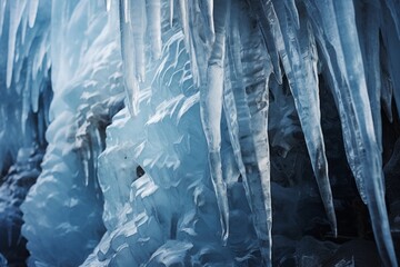 Close-up of intricate ice formations on a frozen waterfall