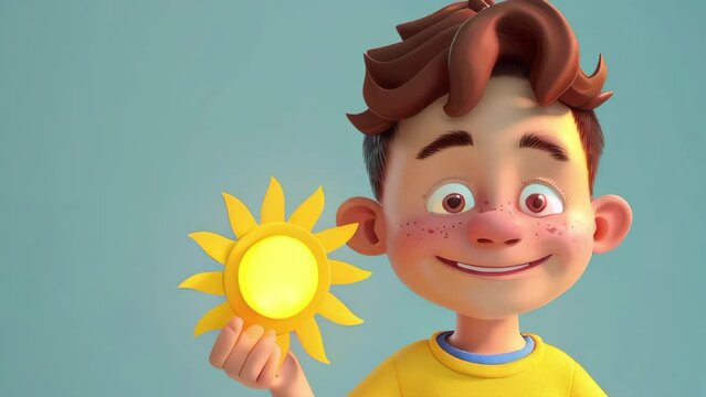 A cartoon boy is holding a yellow sun. Scene is cheerful and happy
