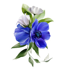 Flowers composition isolated on white background. Watercolor illustration with magnolia, blue anemone, wildflower, tropical leaf. Spring Botanical bouquet for textiles, invitation, wallpaper