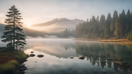 Obraz na płótnie Canvas Sunrise over the lake in the mountains, foggy morning nature landscape, summer travel outdoor photo