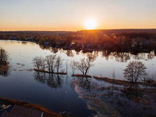 High water river at spring, aerial drone view