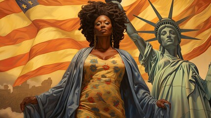 Naklejka premium African American woman with curly hair, representing freedom and human rights, with the Statue of Liberty and the American flag in the background