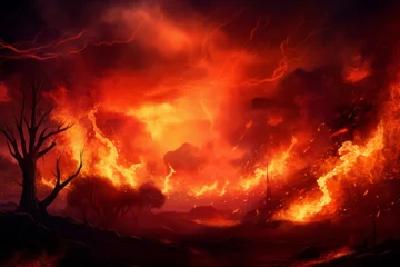 Schilderijen op glas Dramatic fire background with flames creating a fiery landscape © KerXing