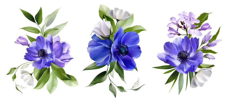 Bouquet of purple, white flowers with green tropical leaves. Set of watercolor floral compositions isolated on white background. Illustration of plant patterns for natural ornaments, frames, wallpaper