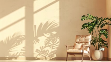 Beige background with shadow and money trees and amchair in house - obrazy, fototapety, plakaty