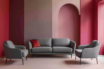 Grey sofa and armchairs against pink and crimson walls, embodying minimalist Japandi elegance.