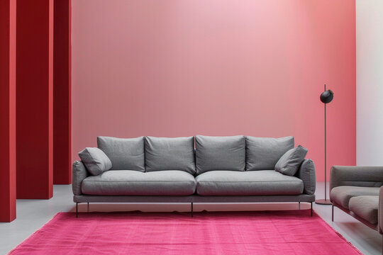 Grey sofa and armchairs against pink and crimson walls, embodying minimalist Japandi elegance.