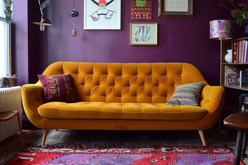 Mustard sofa amidst lavender and crimson, retro-modern living with a Japandi twist.