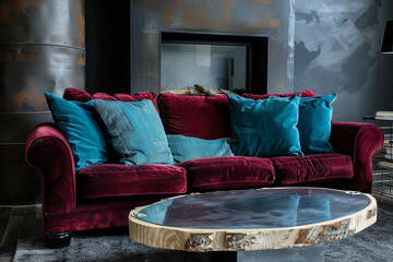 Oval birch log coffee table, burgundy sofa, steel blue pillows, matte black wall, Japandi room, metal fireplace.