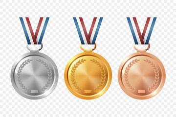 Vector Realistic Blank Golden, Silver, Bronze Award Medal Icon Set, Closeup, Isolated. First, Second, Third Place Prizes. Design Template for Sport Tournament Victory Concept. Front View