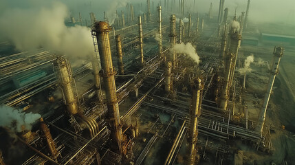 Aerial image of oil industry plant with metal pipes and chimneys, producing gray smoke and pollution to environment. Generative AI - 764347732