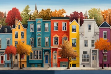 A cityscape with a series of colorful townhouses, creating a charming neighborhood