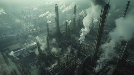 Aerial image of oil industry plant with metal pipes and chimneys, producing gray smoke and pollution to environment. Generative AI
