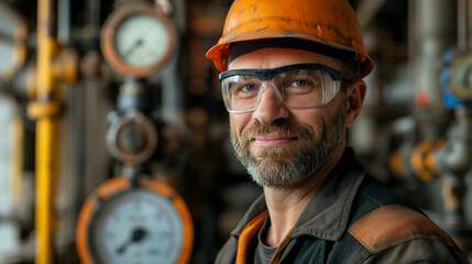 Portrait of worker with helmet in front of barometer in gas industry plant. Generative AI - 764347780