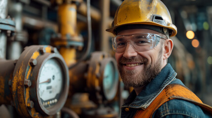 Portrait of worker with helmet in front of barometer in gas industry plant. Generative AI - 764347786