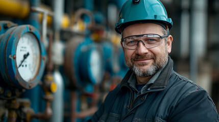 Portrait of smiling worker with helmet in front of barometer in gas industry plant. Generative AI - 764347795