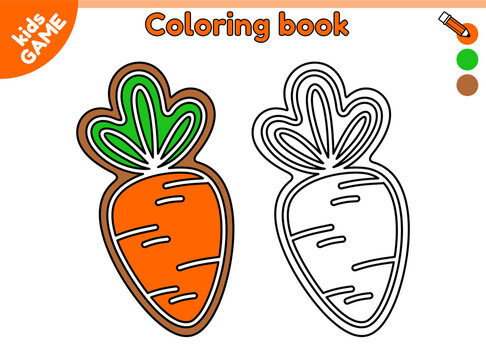 Page of kids coloring book with cartoon Easter gingerbread carrot. Color the outline picture. Festive treats for spring holiday. Activity book for kindergarten and school children. Vector illustration