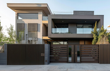 A gray private house of two floors hidden behind a fence with automatic sliding brown gates