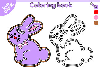 Page of kids coloring book with cartoon Easter gingerbread rabbit. Color the outline picture. Festive sweets for spring holiday. Activity book for kindergarten and school children. Vector illustration