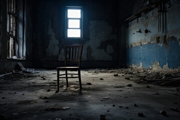 Fototapeta na wymiar A lone chair in an abandoned room, portraying emptiness and desolation