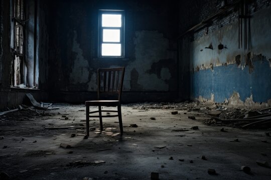 A lone chair in an abandoned room, portraying emptiness and desolation