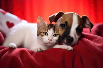 Cute kitten and jack russell terrier puppy sleep together with red heart under warm blanket on a bed on festive background. Valentines day concept - generative ai