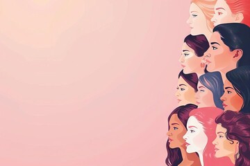 Women's day banner with diverse female faces on pastel pink background