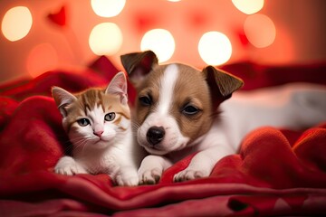 Fototapeta na wymiar Cute kitten and jack russell terrier puppy sleep together with red heart under warm blanket on a bed on festive background. Valentines day concept - generative ai