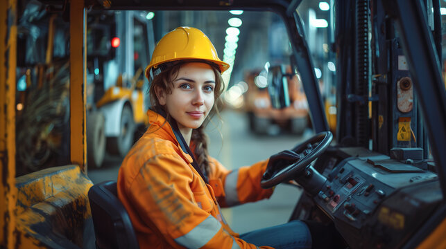 A young woman confidently driving a forklift through a warehouse alley in protective clothing.