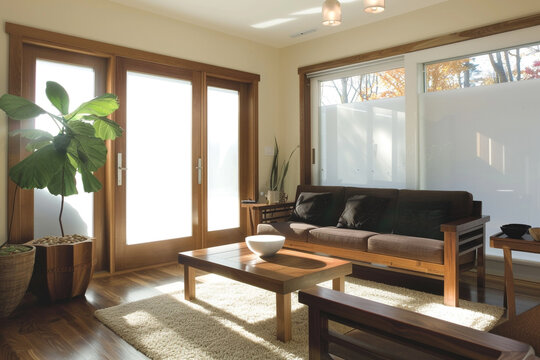 Sunlit living room, walnut furniture, frosted glass sliding doors.