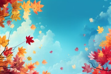 Fototapeta na wymiar Vibrant autumn sky background with colorful leaves against the blue