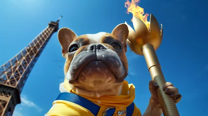 Foto op Canvas french bulldog in running clothes is taking a selfie while holding the olympic flame in Paris next to the Eiffel tower for the olympic games 2024 © L U D O G R A F I K