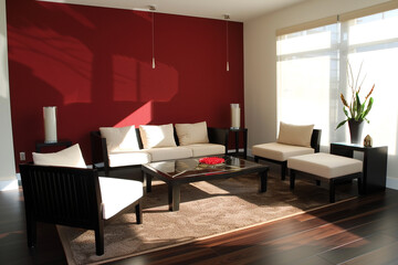 A minimalist living room with ebony furniture, cream cushions, and a crimson accent wall, flooded with sunlight.