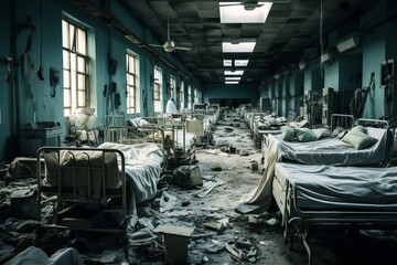 A dystopian hospital ward overwhelmed with patients - obrazy, fototapety, plakaty