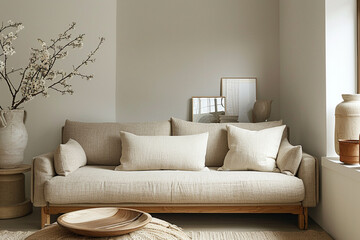 Contemporary Japandi space, cozy beige sofa, muted tones.